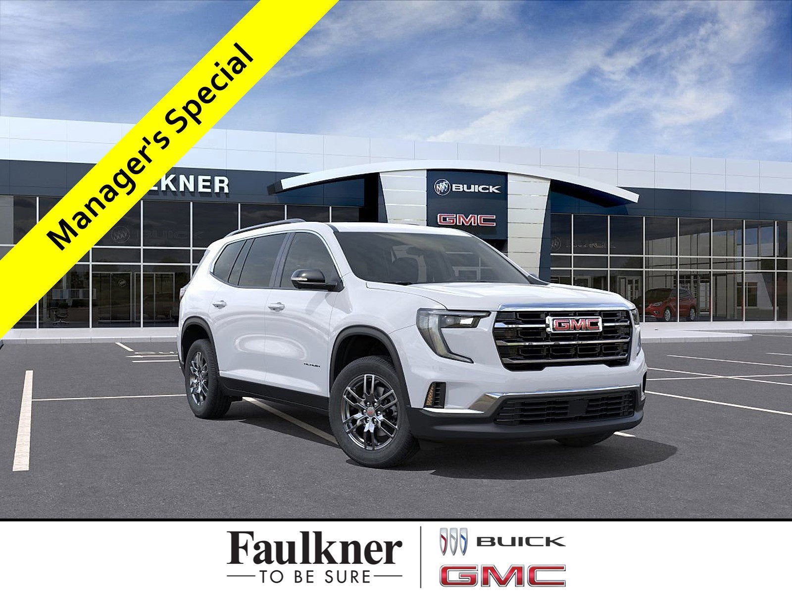 2026 GMC Acadia Elevation in Summit White — front three-quarter view