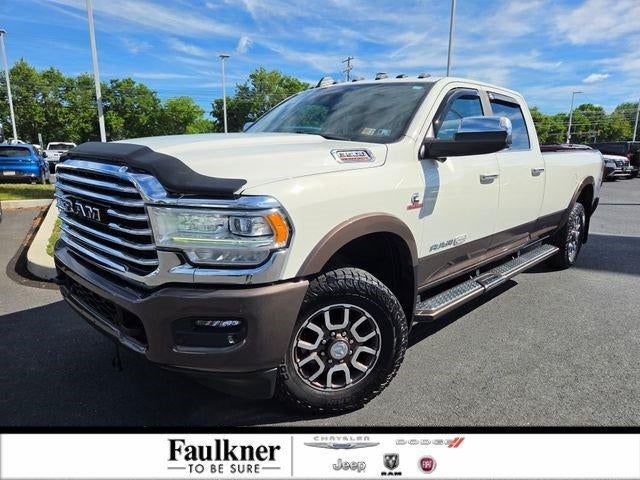 2021 RAM 3500 Longhorn 4x4 Crew Cab 8' Box in Pearl White — front three-quarter view